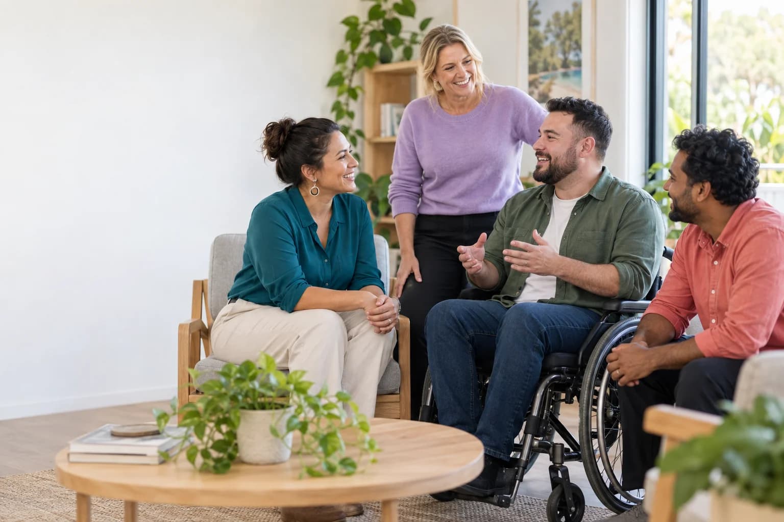 Illustration of four adults talking in an accessible lounge, including a wheelchair user